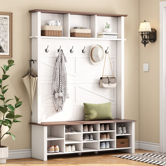 Farmhouse 4-in-1 Hall Tree with 6 Hooks, Walnut Entryway Bench with Shelves,  Wooden Style Rustic Shoe Organizer with 16 Open Compartments for Mudroom, Living Room, White (OLD SKU: N721P264915K)