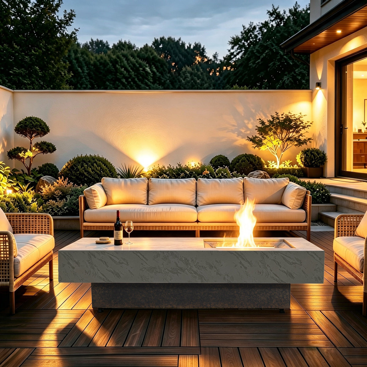 Rectangle Propane Fire Pit Table, Modern 2‑in‑1 Outdoor Firepit Table with 3‑Level Adjustable Height for Patio Backyard Gathering