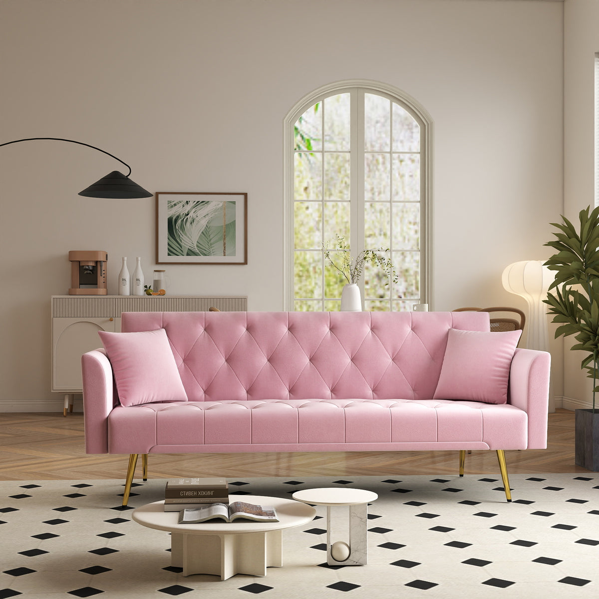Modern convertible 72 inch foldable sleeper sofa with tufted, American retro style, made of pink velvet material, suitable for small living rooms, bedrooms and offices. pink color