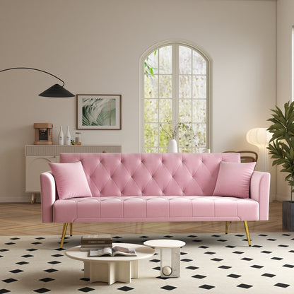 Modern convertible 72 inch foldable sleeper sofa with tufted, American retro style, made of pink velvet material, suitable for small living rooms, bedrooms and offices. pink color