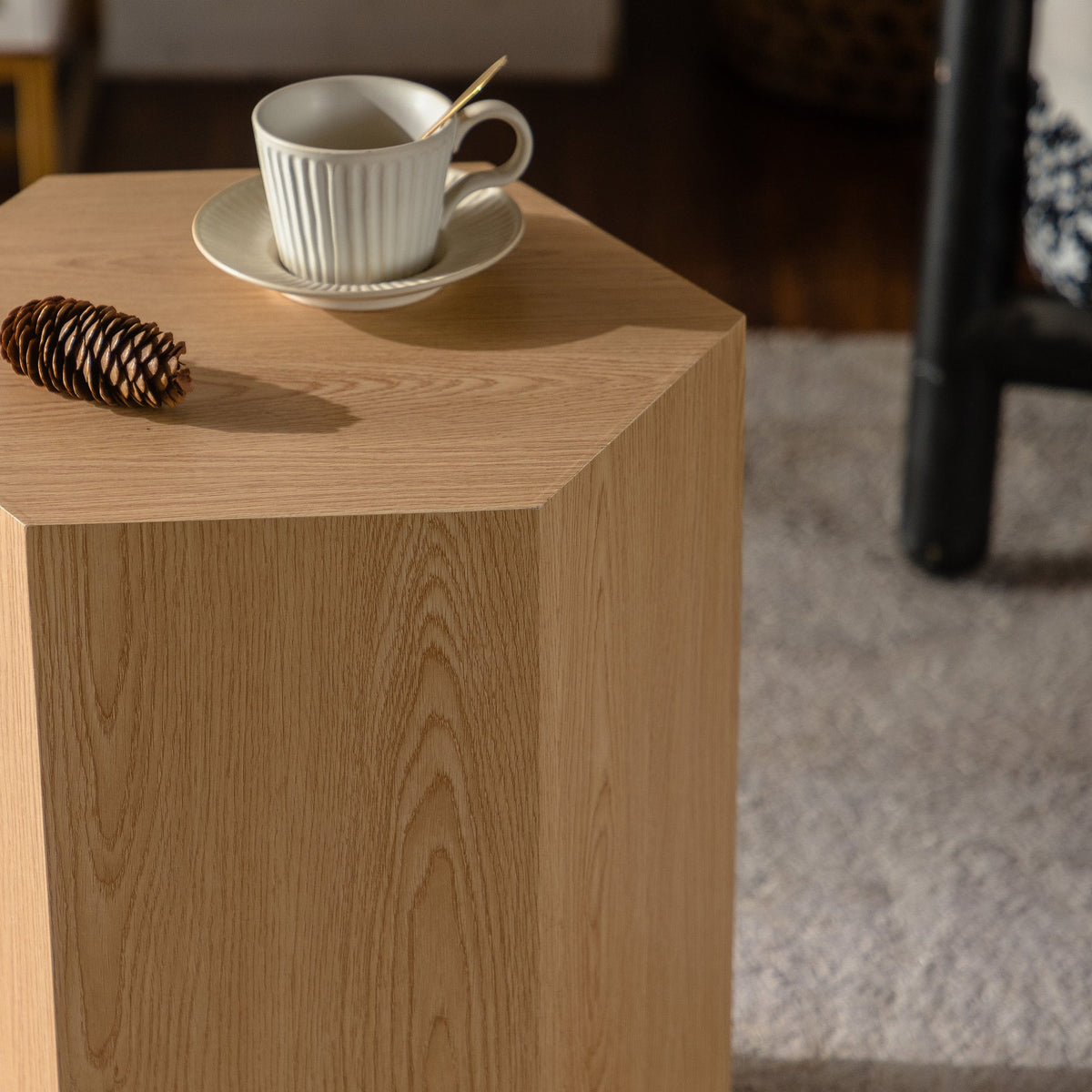 Hexagon MDF Coffee Table - Nature Wood Grain Sticker Side Table, Modern Fully Assembled End Table for Small Spaces (Living Room/Bedroom, 15.75"×13.58"×18.9")