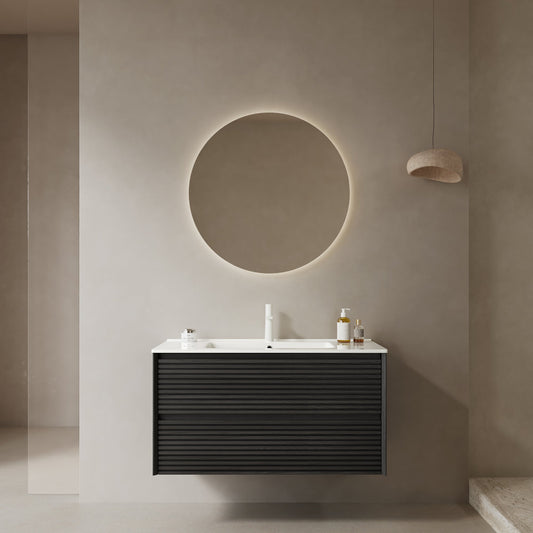 BRON 36" Bathroom Vanity with Sink, Modern Wall-Mounted Floating Plywood Bathroom Cabinet with 2 Drawers, White Ceramic Basin with Sink Hole Cover and Drain, Pre-assembled, Dark Oak Woodgrain Color