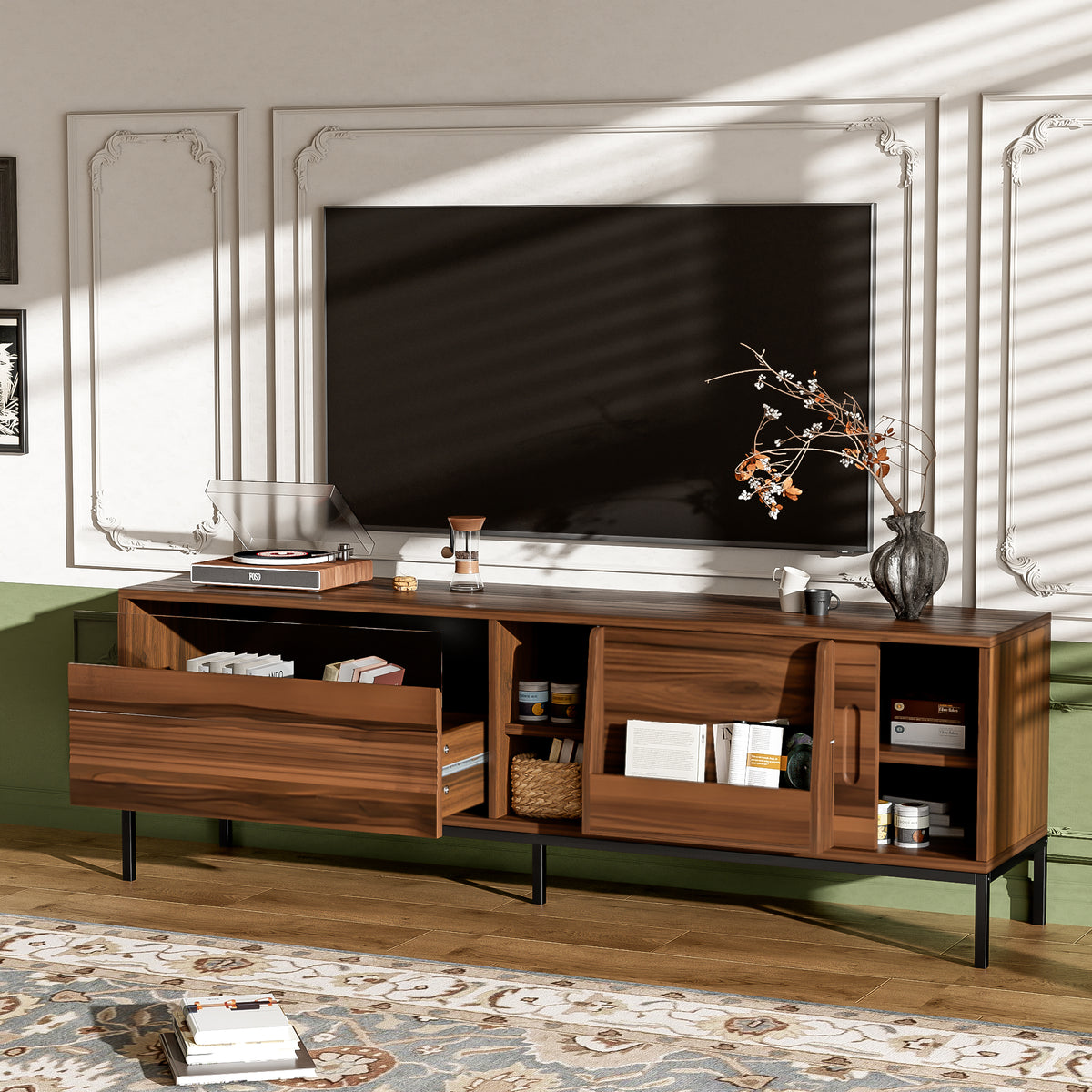 U-Can 70.8'' Modern TV Stand for TVs up to 75 Inches, Entertainment Center with Storage Space, Sliding Doors, Adjustable Shelves and Metal Frame, Mid Century Modern Media TV Console Table for Living R
