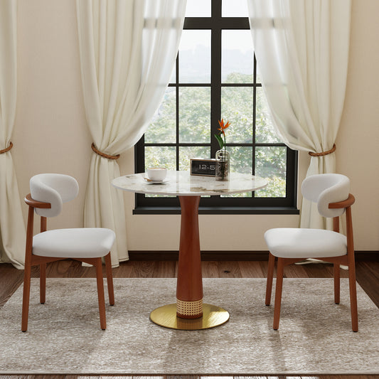 Φ850mm circular rock plate, 12mm Pandora desktop, walnut small waist rattan decorative column, golden base, 2 - person table for small space, 150lbs weight capacity(Only the Negotiation Table)