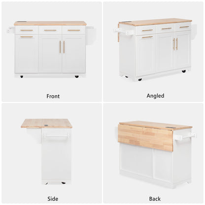 K&K 59.3" Kitchen Island with Storage 2 Pull Out Cabinet Organizers & Rubber Wood Drop Leaf, Rolling Kitchen Island with Trash Can Storage