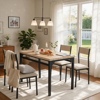 5-Piece Dining Table Set for 4, 47.24" Dining Table with 4 Upholstered Linen-Look Chairs, Black Metal Frames, Modern Kitchen & Dining Room Furniture