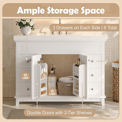 46" Bathroom Vanity without Sink, Cabinet Only, Soft-Close 6 Drawers & Double Doors with 2-Tier Shelves, Solid Pine Legs, White (Same SKU: N759P351752K)