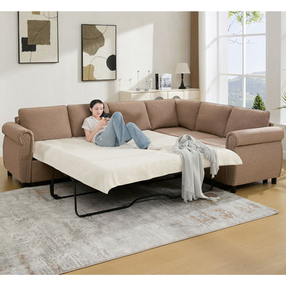 [NEW ARRIVED] [VIDEO PROVIDED] Sleeper Sofa, 2 in 1 Pull Out Couch Bed,6 seater sofa bed, L Shaped Sleeper Sectional Sofa Couch,Riveted sofa,104'' Large combined sofa Bed in living room, Brown