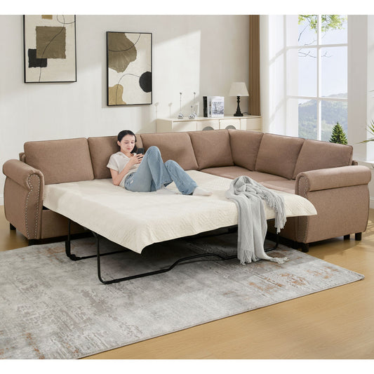 [NEW ARRIVED] [VIDEO PROVIDED] Sleeper Sofa, 2 in 1 Pull Out Couch Bed,6 seater sofa bed, L Shaped Sleeper Sectional Sofa Couch,Riveted sofa,104'' Large combined sofa Bed in living room, Brown