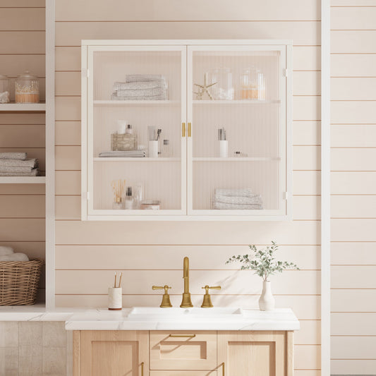 27.56"Glass Doors Modern Two-door Wall Cabinet with Featuring Three-tier Storage for Entryway Living Room Bathroom Dining Room,White(same sku:W757119328)