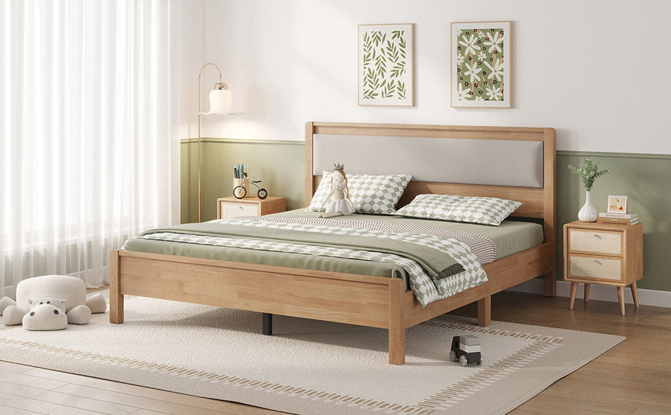 Queen Size, Solid Rubber Wooden Bed with Upholstered Headboard, Reinforced by Central Support Legs,Natural