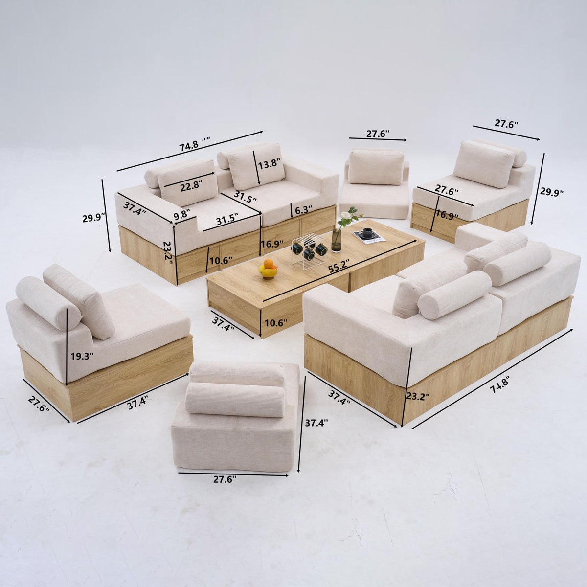 8-seat Modular Sectional Sofa with Storage Drawers, Multi-Functional L-Shaped Couch with Built-In Cabinet Base and Center Table Design, Convertible Combination Sofa Set, Modern Upholstered Sofa