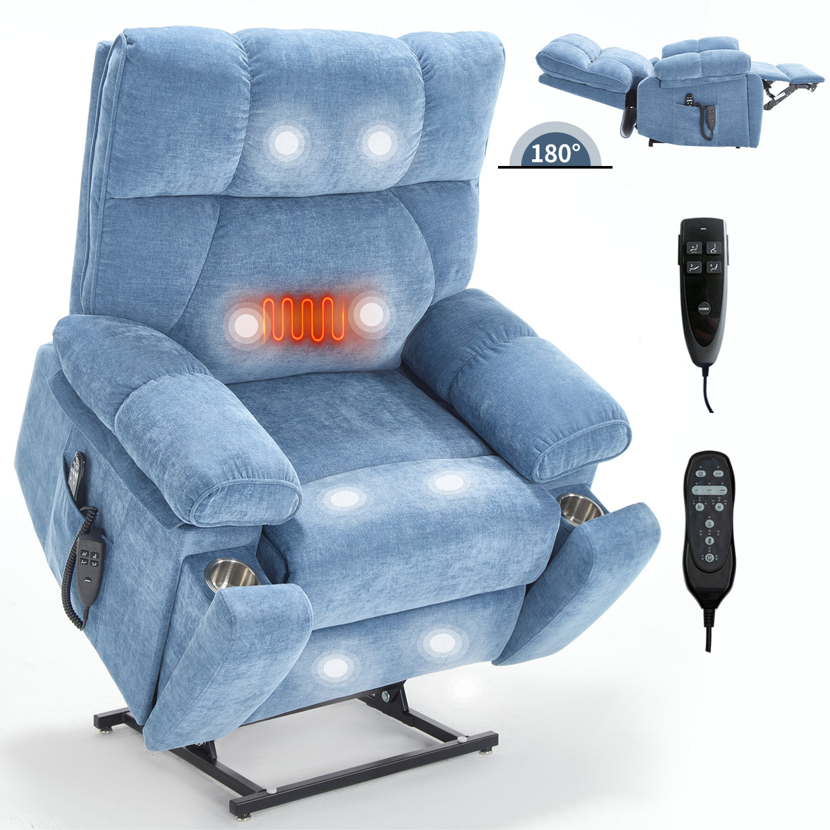 Blue Heat Massage Dual Motor Infinite Position Up to 350 LBS Large Electric Power Lift Recliners with Hidden Cup Holders, Power-Remote
