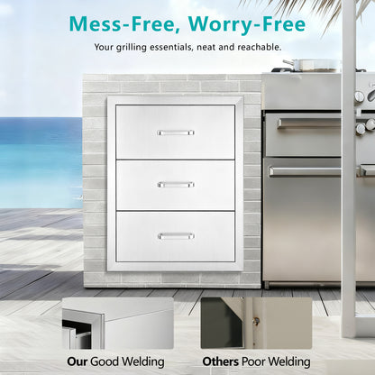 Outdoor Kitchen Drawers Stainless Steel, Flush Mount Triple Drawer,  18Wx23Hx23D with Stainless Steel Handle, BBQ Drawers for Outdoor Kitchens or BBQ Island