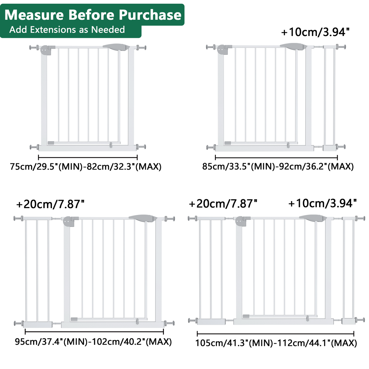 29.5-44.1" Wide Baby Gate for Stairs, Dog Gate Indoor for Doorways, No Drilling Pressure Mounted Pet Gates for Kids, Easy Walk Through Safety Gate, White