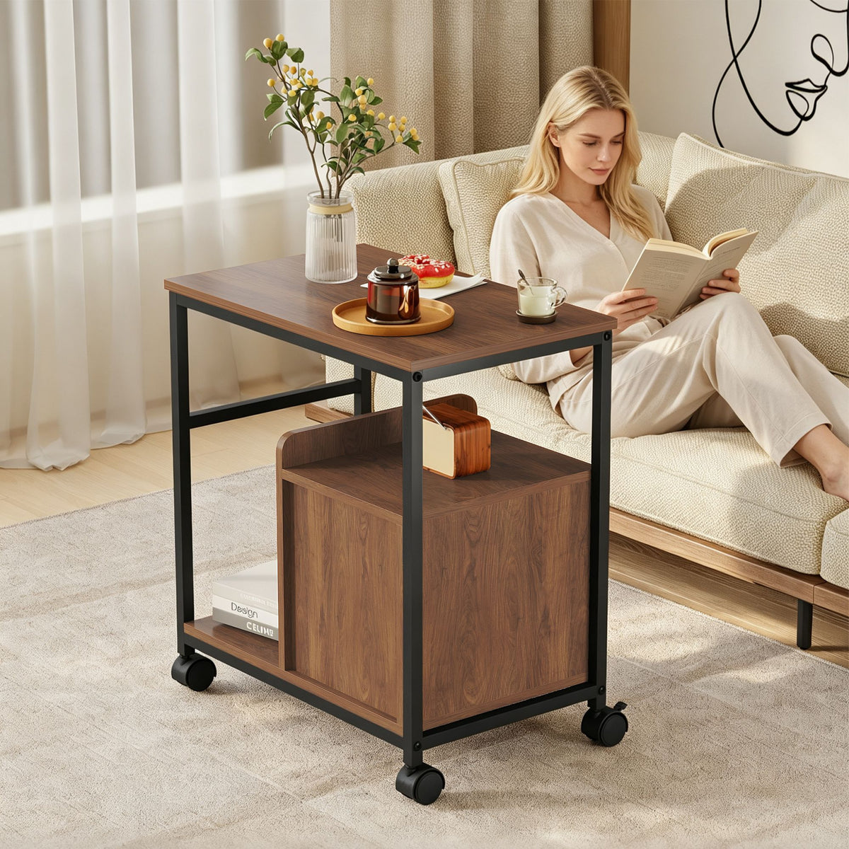 End Table with Wheels & Storage Drawers, Side Table,  Nightstand, Stable Metal Frame, Wood Top, for Bedroom Kitchen Living Room and Office, 14.9"D x 23.6"W x 25.7"H