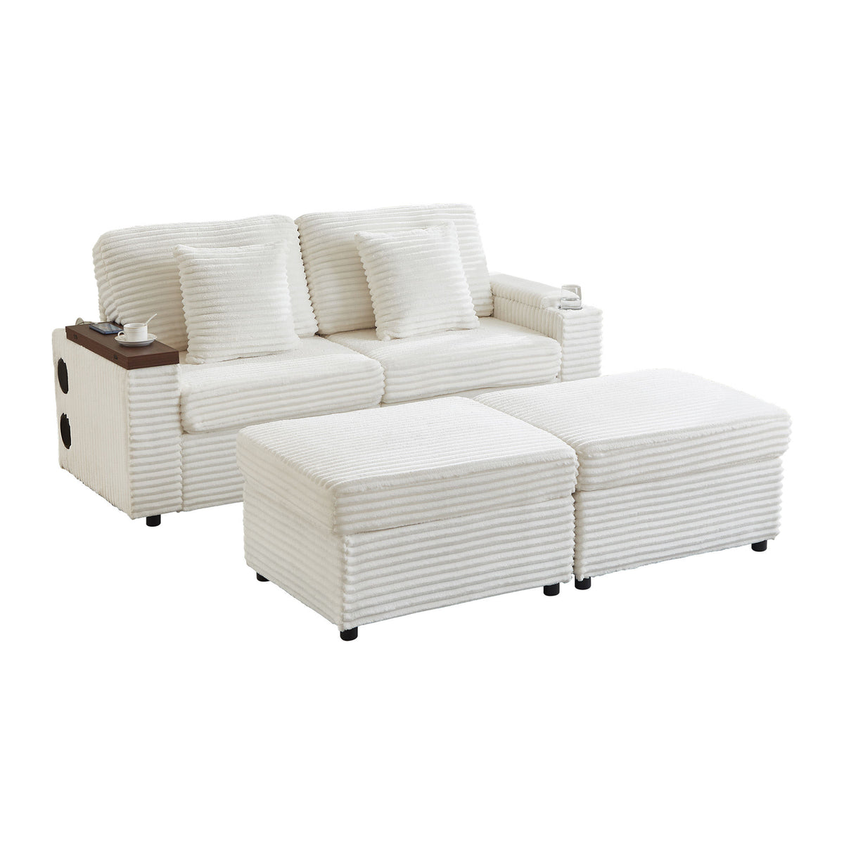 Double Chaise Lounge with Two Storage Ottomans,Corduroy Sofa with Cup Holders, USB Port,Storage Space and Bluetooth Speaker for Living room and Bedroom