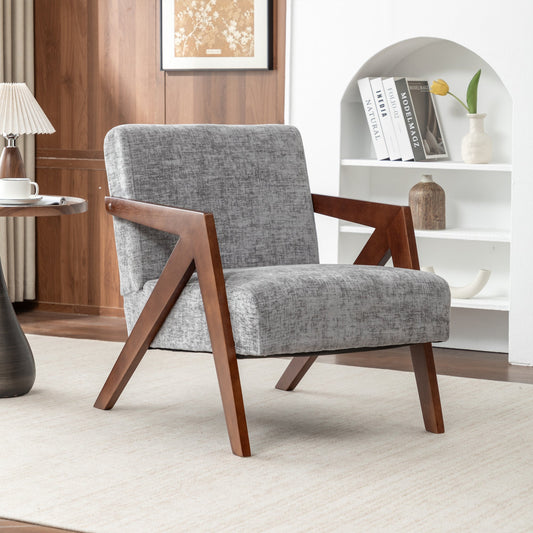 Mid Century Modern Accent Chair with Wood Frame, Upholstered Reading Armchair with Soft Linen Fabric, Accent Chair for Living Room Bedroom Apartment, Easy Assembly