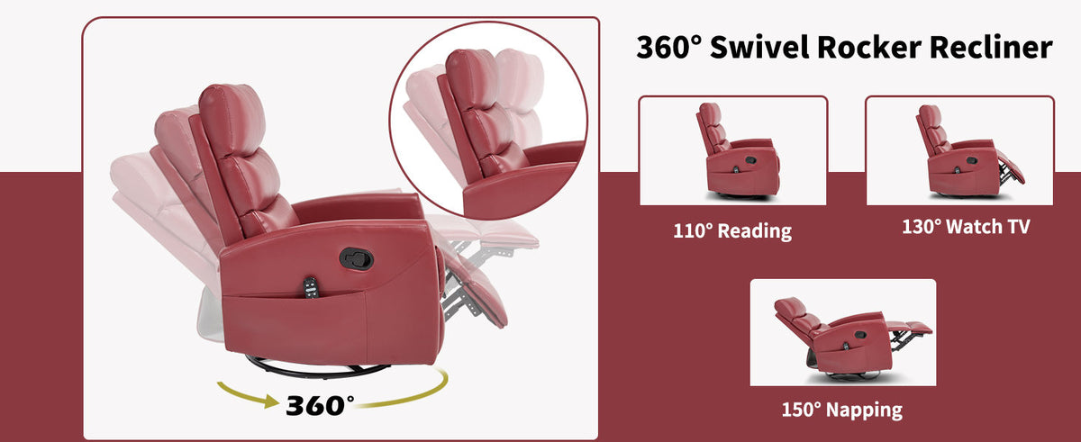 Heat Massage Manual Recliner Chair with Rocker and Swivel in Fabric, Red