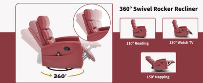 Heat Massage Manual Recliner Chair with Rocker and Swivel in Fabric, Red