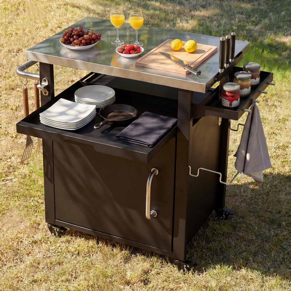 K&K 39.5" Outdoor Grill Cart with Storage Cabinet, Outdoor Bar Cart Pizza Oven Table with Wheels, Stainless Steel Top