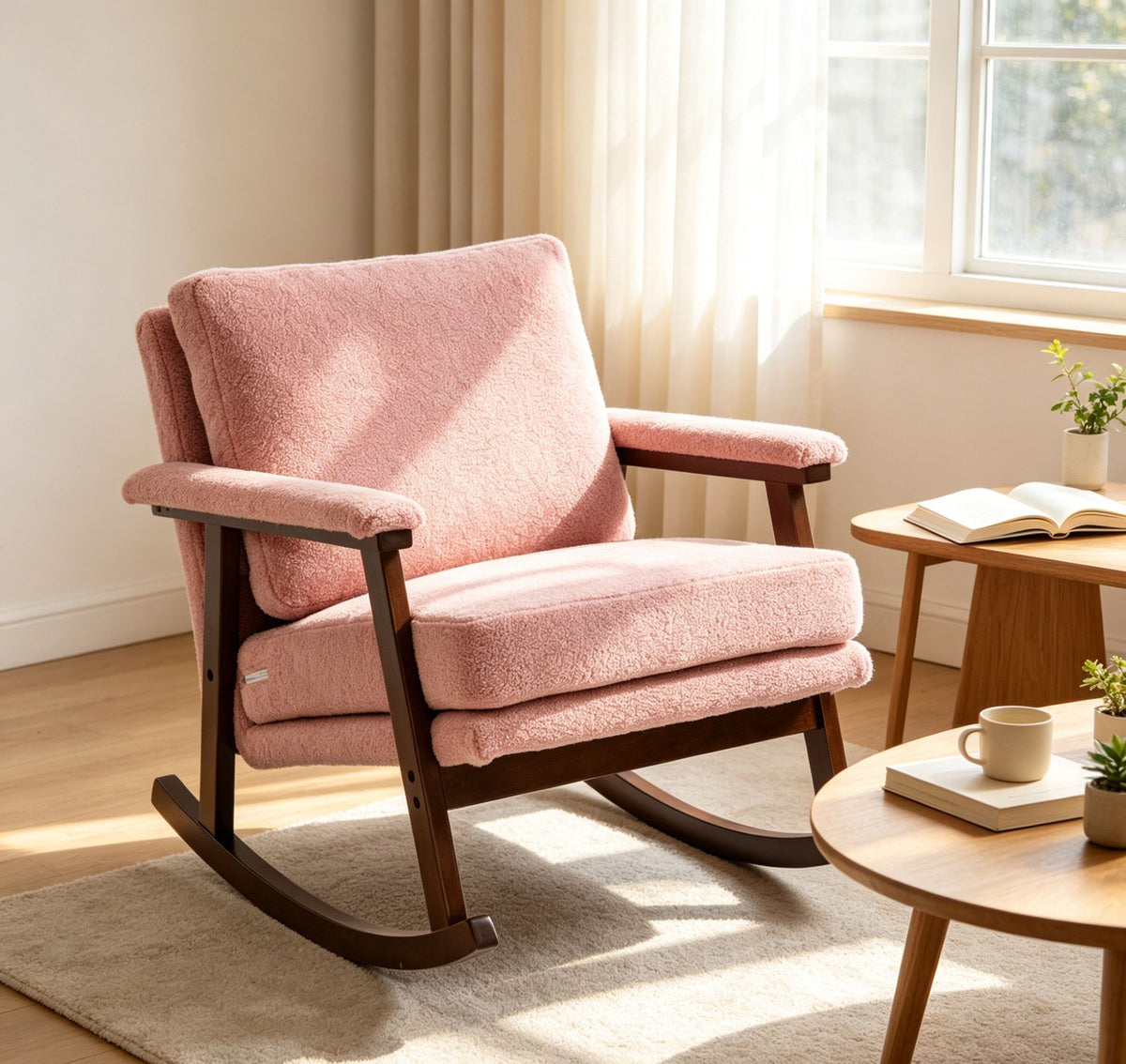 Mid Century Modern Accent Chair, rocking chair with Wood Frame, Upholstered Living Room Chairs, Reading Armchair for Bedroom Sunroom