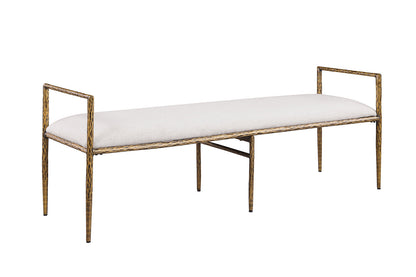 Contemporary Style 1pc Bench Matte Gold Hammered Look Forged Steel Fabric Cushion Seat Bedroom