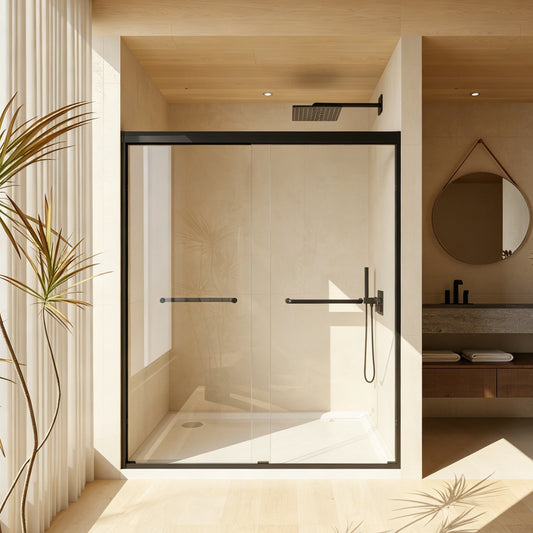 44-48" W × 72" H Tempered Glass with Explosion Proof Film, Aluminum Frame Double Sliding Shower Door, "1/4 (6 mm), Stainless Steel handle, Matte Black