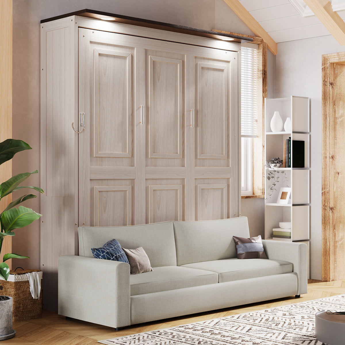 Queen Size Murphy Bed with Sofa and LED, Beige