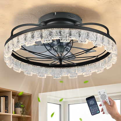 Rustic Black Ceiling Fan with Light, Farmhouse Flower Caged Ceiling Fan with Remote, LED Low Profile Ceiling Light for Bedroom Kitchen Living Room