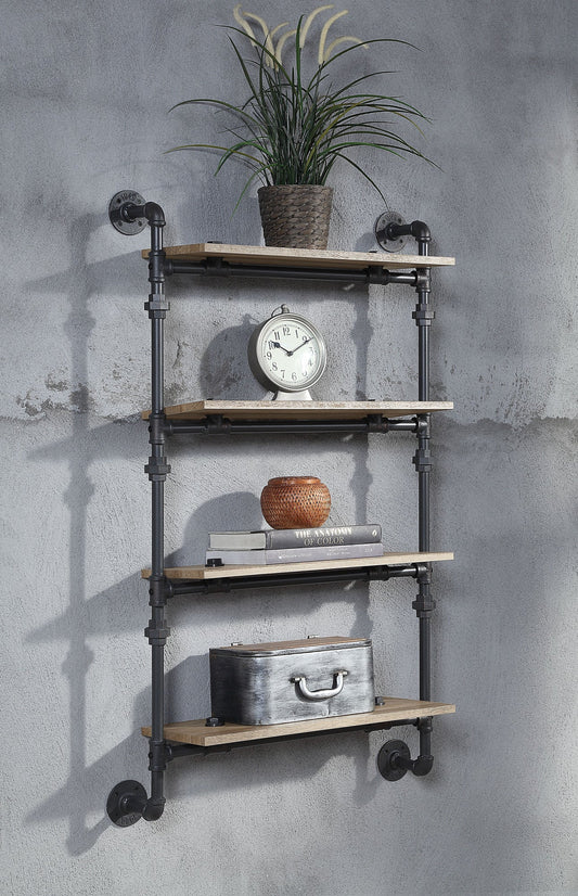 Brantley Oak & Sandy Black Finish Wall Rack W/4 Shelves