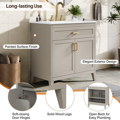 [Video] 30" Bathroom Vanity with Ceramic Sink Top, Solid Wood Legs, Soft-Close Double Doors & Tip-Out Drawer, Adjustable Interior Shelf, Door-mounted Organizers, Beige