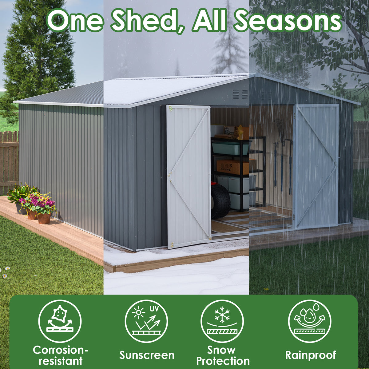 11x13 FT Metal Storage Shed with Reinforced Floor Frame Large 140.5 ft² Outdoor Garden Tool House Lockable Doors & 4 Air Vents Weatherproof