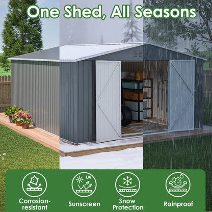 11x13 FT Metal Storage Shed with Reinforced Floor Frame Large 140.5 ft² Outdoor Garden Tool House Lockable Doors & 4 Air Vents Weatherproof