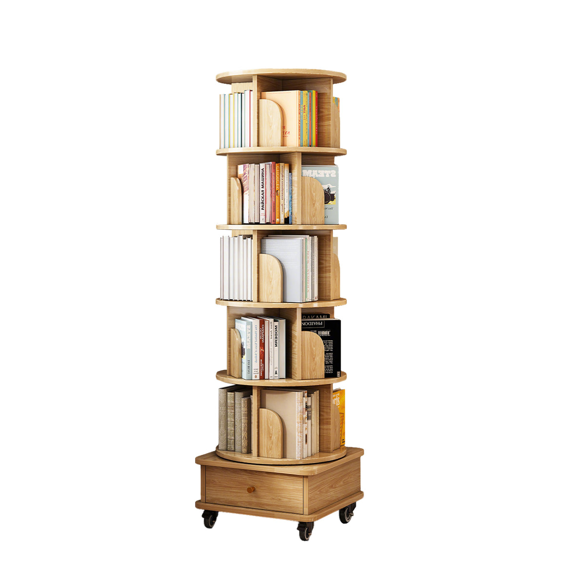 6 Tier Rotating Bookshelf, 360° Display Round Spinning Bookshelf with Wheels and Drawer, Space-Saving, Small Space Rotating Bookshelf Tower – Natural
