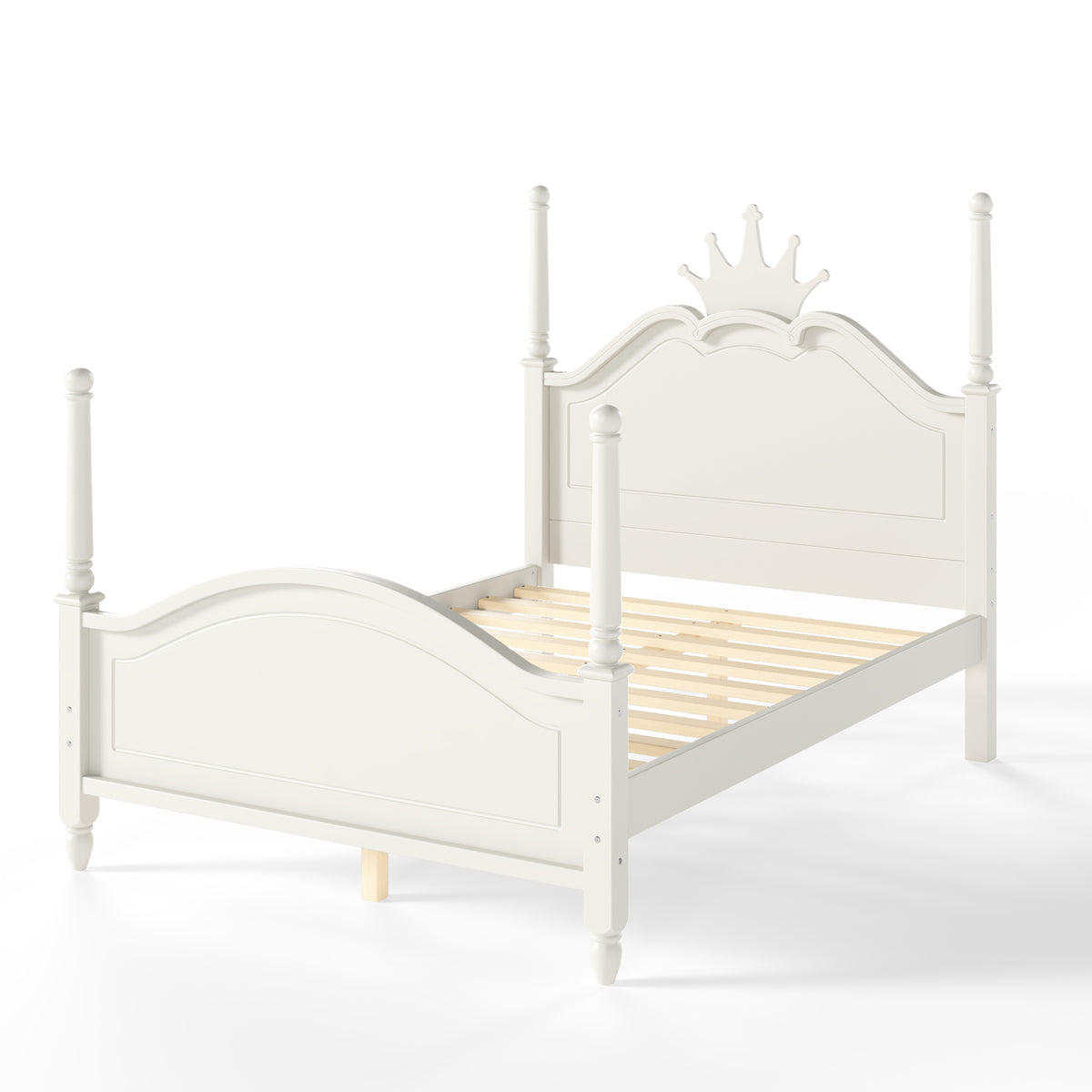 Full Size Crown Shaped Platform Bed, Four Poster Stylish Wooden Bed Frame, Elegant Curved Headboard Bed Frame For Bedroom,Beige