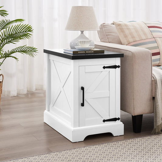 Farmhouse end table Nightstand Rectangular Farmhouse End Table with Barn Door and Adjustable Storage Shelf, Rustic Sofa Side Table, White