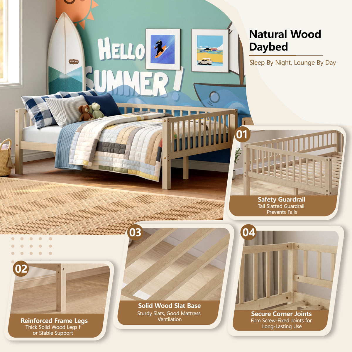 Full Size Daybed, 3-Sided Vertical Slat Guardrail Bed Frame, Breathable Wooden Slat Support Leisure Bed for Home Bedroom,Natural