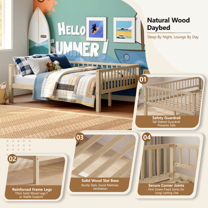 Full Size Daybed, 3-Sided Vertical Slat Guardrail Bed Frame, Breathable Wooden Slat Support Leisure Bed for Home Bedroom,Natural