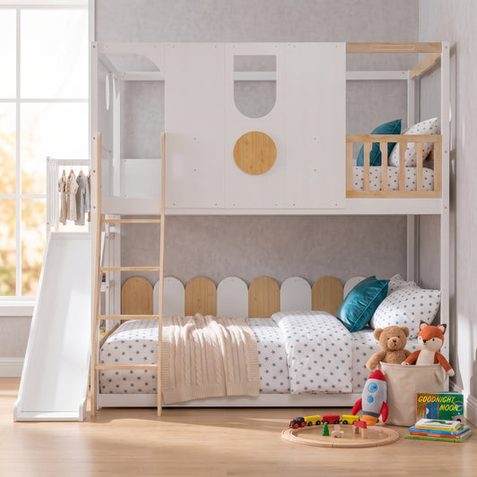 Full Size Kids Loft Bed, Play House Bunk Bed with Slide, Storage Shelves and Guardrails, White+Natural