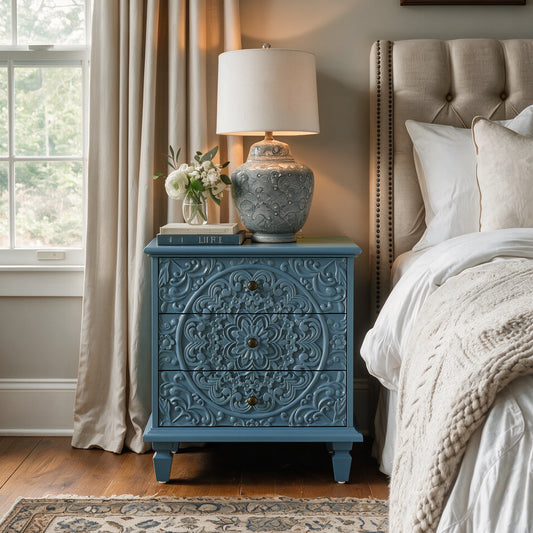 Carved Wood Nightstand with 3 Drawers, Vintage Scrollwork Embossed Accent Chest, Farmhouse Storage Cabinet Side End Table for Bedroom Living Room, Blue