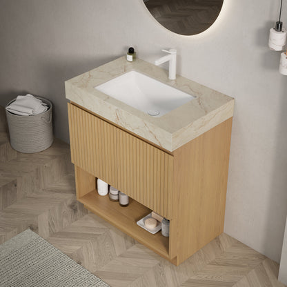 FINO 30" Bathroom Vanity&Sink,Freestanding Cabinet,Cream Gold Vein Sintered Stone Top&Ceramic Basin with 1 Pre-drilled Faucet Hole, Disassembled, Faucet & Drain Excluded, Corolla Oak Woodgrain Color