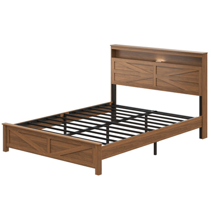 Queen size bed frame headboard with LED lights and charging station cushion platform bed frame, large bed, with headboard and hidden storage space, no box spring required, Antique,Brown