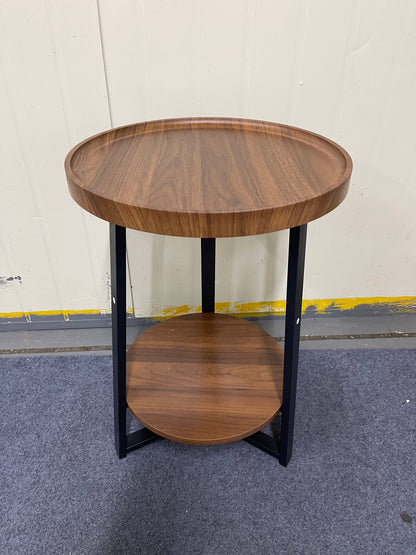 End Table with Storage, 2-Tier Small Round Side Table, Farmhouse Accent Table & Nightstand for Living Room, Bedroom & Small Spaces, Wood Top, Black Metal Frame, Brown