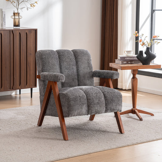Mid-Century Modern Accent Chair, Cloud-Shaped Lounge Armchair with Solid Wood Frame, Chenille Fabric Lounge Chair for Living Room, Bedroom, Balcony-Grey