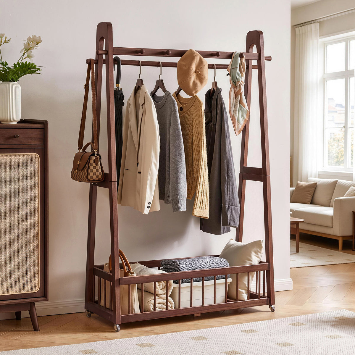 Solid Wood Freestanding Clothing Garment Rack, 39.37'×16.34'×63.78', Mobile Wooden Clothes Hanger Stand with Lockable Wheels, Multi‑Hook Hanging Rod & Large Bottom Storage Basket for Bedroom, Closet