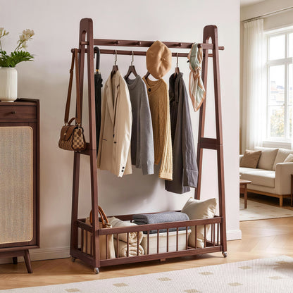 Solid Wood Freestanding Clothing Garment Rack, 39.37'×16.34'×63.78', Mobile Wooden Clothes Hanger Stand with Lockable Wheels, Multi‑Hook Hanging Rod & Large Bottom Storage Basket for Bedroom, Closet