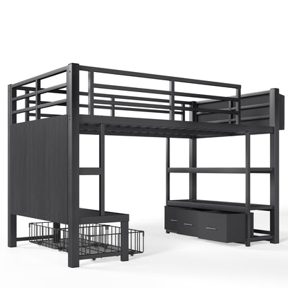 Twin Metal Low Loft Bed for Kids, Low Loft Bed with Storage Drawer, Low Loft Bed with Bookshelf & Storage Bag, Sturdy Low Loft bed Frame with Open Storage Space for Bedroom, Black