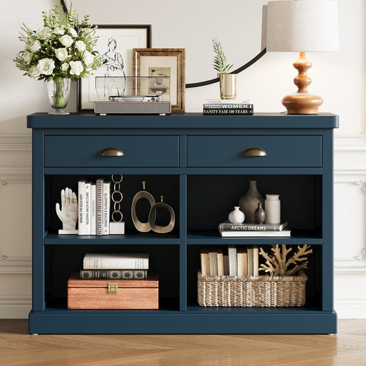 TREXM Console Table with 2 Drawers and Open Storage Shelves, Entryway Table for Living Room, Hallway and Dining Room (Navy)