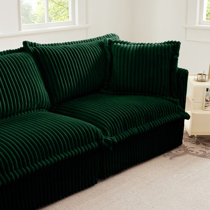 L-Shaped Slipcovered Sectional Sofa Couch, Comfy Deep Seat Cloud Couch with Convertible Ottoman & 2 Big Pillows, Modern Oversized 3 Seater Slipcovered Sofa Set for Living Room Office, Green Corduroy